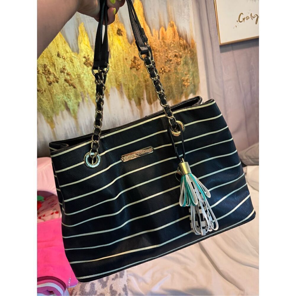 Betsey johnson contrast stripe b & w crossbody tote